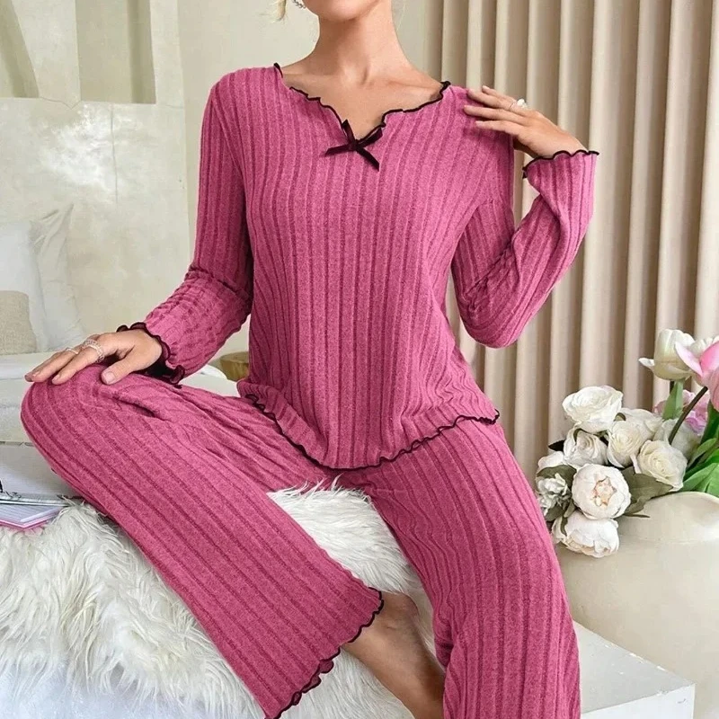 Women Sleepwear Causal Comfort  Ribbed Pajamas Set Long Sleeve Top and Long Pants 2 Piece Set Daidly Homewear Loungewear