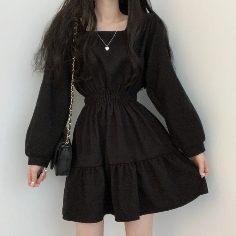 

Women Long Sleeve Black Dresses Square Collar A-Line Sweet Vintage Design High Waist Mini Length Soft Korean Elegant