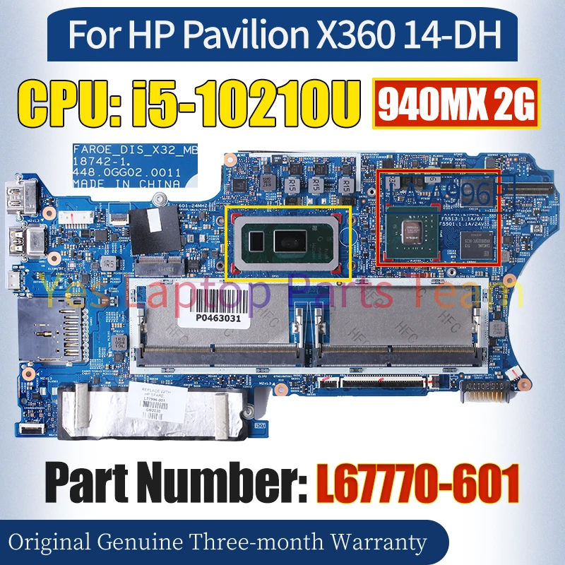 18742-1 For HP Pavilion X360 14-DH Laptop Mainboard L67770-601 i5-10210U N16S-GTR-S-A2 940MX 2G 100％ Tested Notebook Motherboard