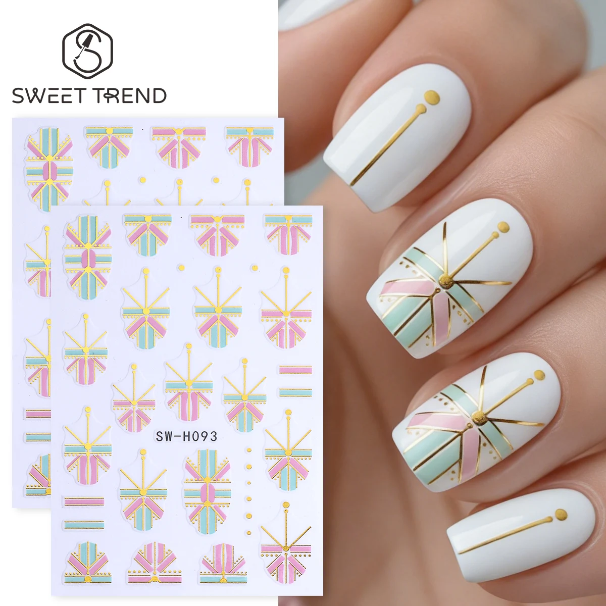 2 Stück Goldene Geometrie-Nagelaufkleber Kreatives Linien-Design in Grün und Rosa Geschenk-Schleifen-Design Künstlerische Nageldekoration Charmante Sommer-Folien Maniküre-Deko