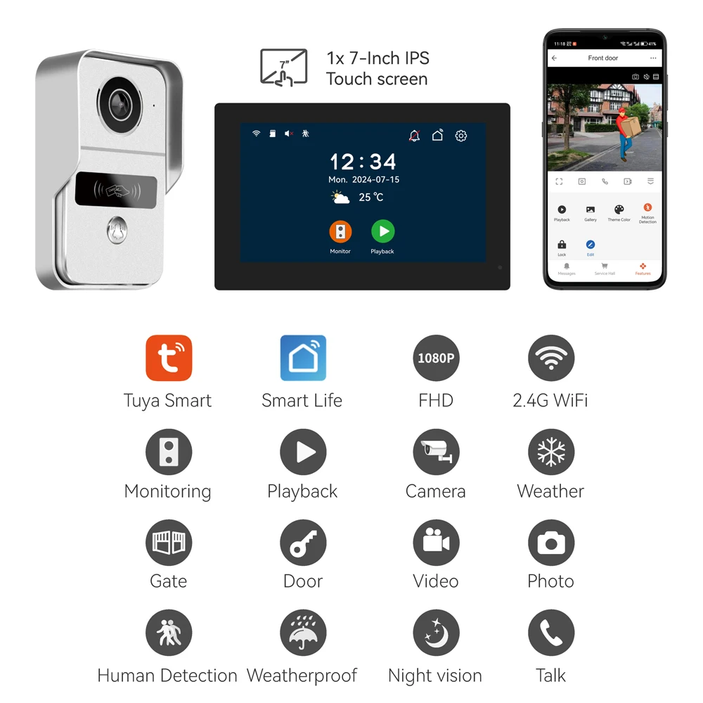 Tuya Smart Doorbell HD 1080P Camera Video Intercom 5G Wifi 2 Wires 7/10 Inch Wireless Video Doorphone System 5-in-1 NFC Unlock