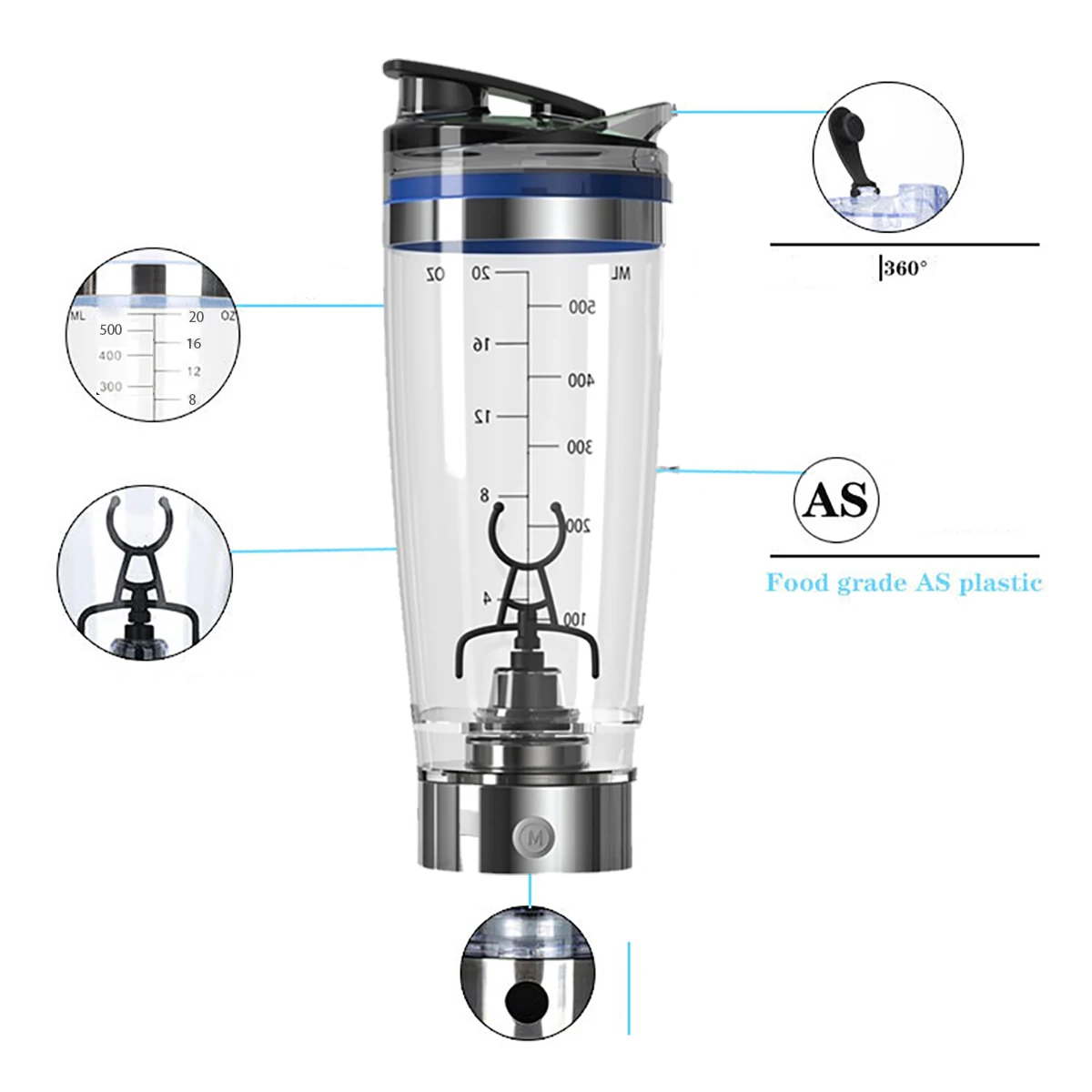 Imagem -02 - Garrafa Shaker Elétrica Portátil Misturador Auto-agitador Usb Inoxidável Café Leite Suco Mel Vortex Protein Blender 550ml