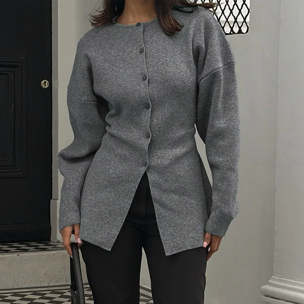 Women Waist Cinched Single Breasted Knit Cardigan Sweater Slim Fit Office Commuter Autumn Winter