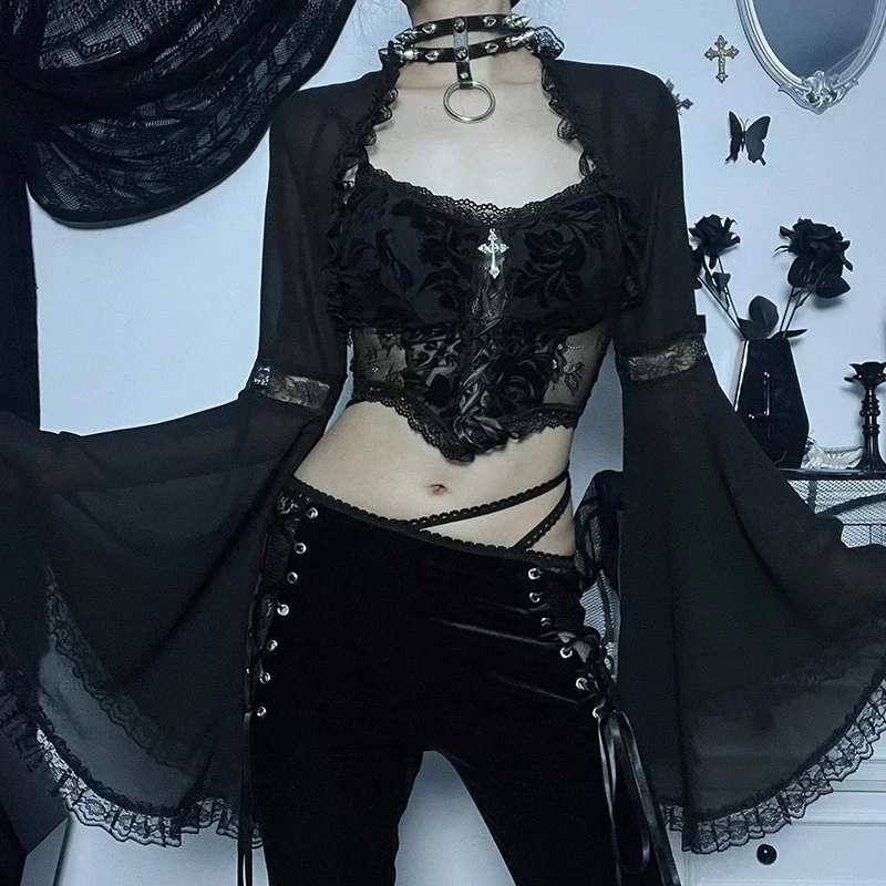 Woman Gothic Harajuku Street Mesh Print Sling Black Dresses Velvet Lace Corset Bandage Midi Dress Club Party Summer 2023