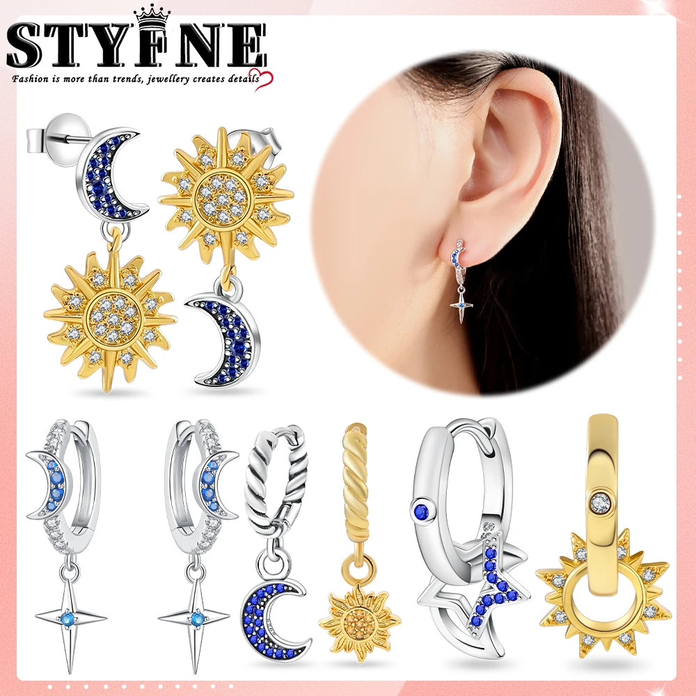 Nature Celestial 925 Sterling Silver Gold Silver Two-tone Blue Sun and Moon Star Earrings Personalized Temperament Trendy