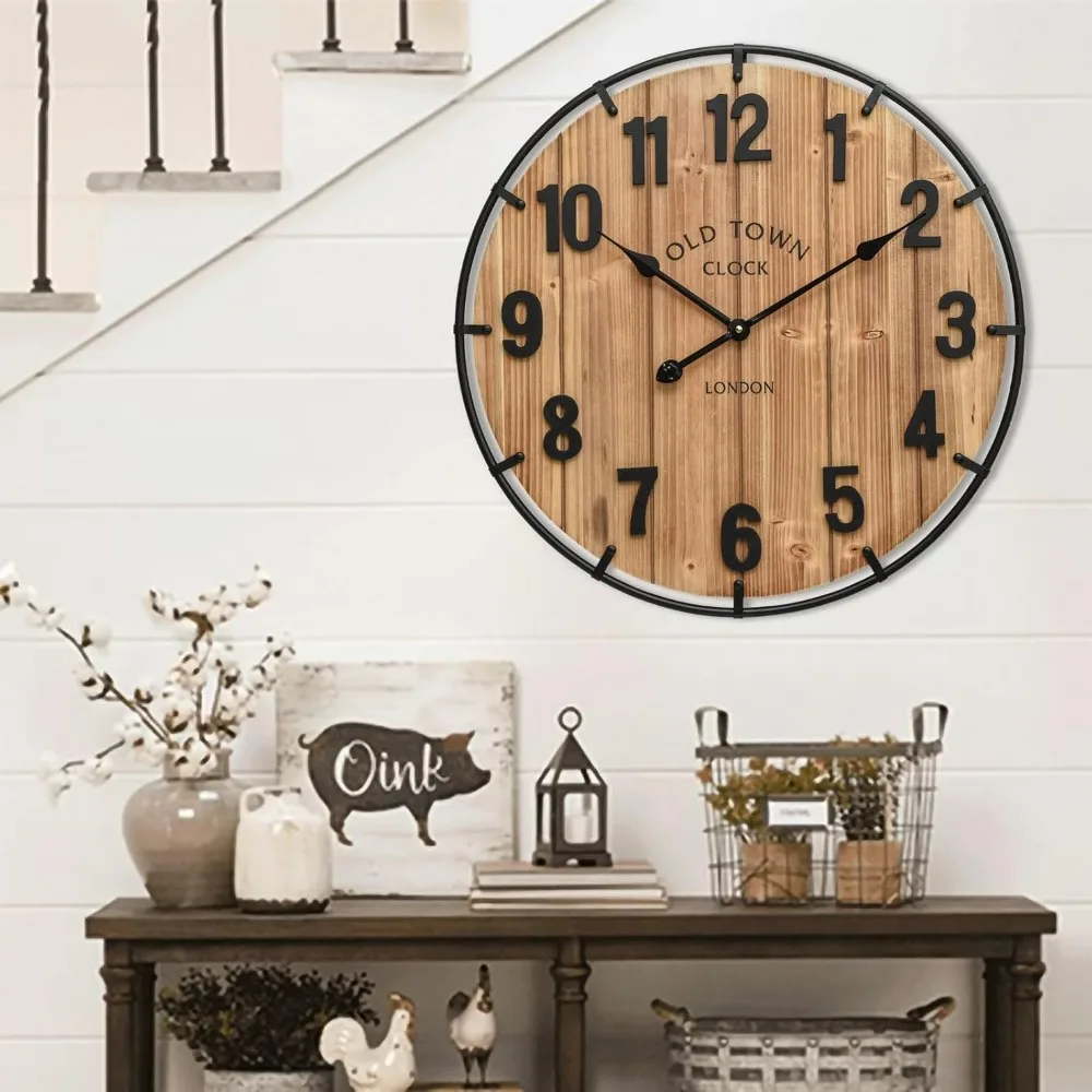 

Large Wall Clock 24 Inch, Rustic Antique Wood with Metal Circle & Large Numerals Silent Battery Operated Clock for Living Room