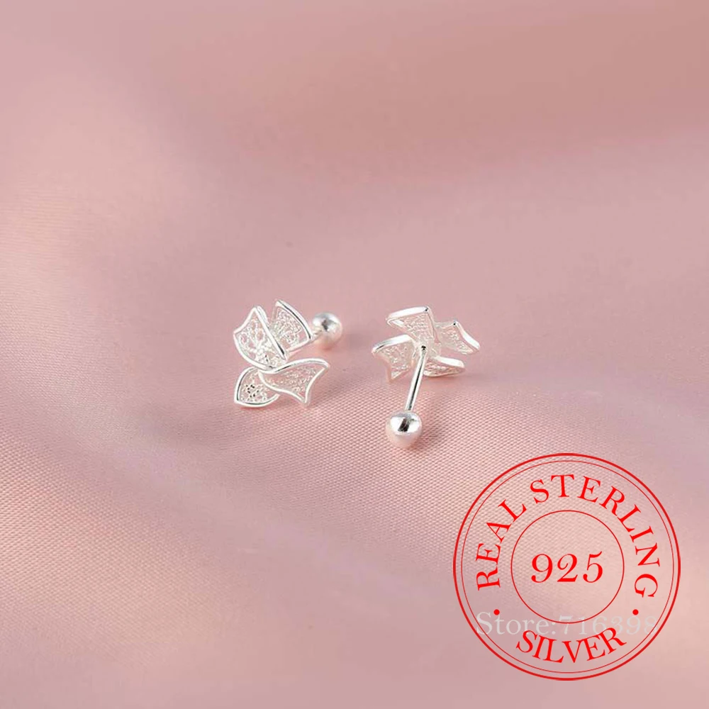 Original 925 Sterling Silver Hollow Bowknot Stud Earrings for Women Children Silver 925 Piercing Jewelry Women's Earring Sleeper