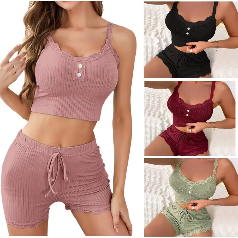 Ribbed Knit Women Pajama Set Lace Trim Sleeveless Women Lace Trim Pajama Drawstring Waist Button Front Set Sleeveless Cami Top