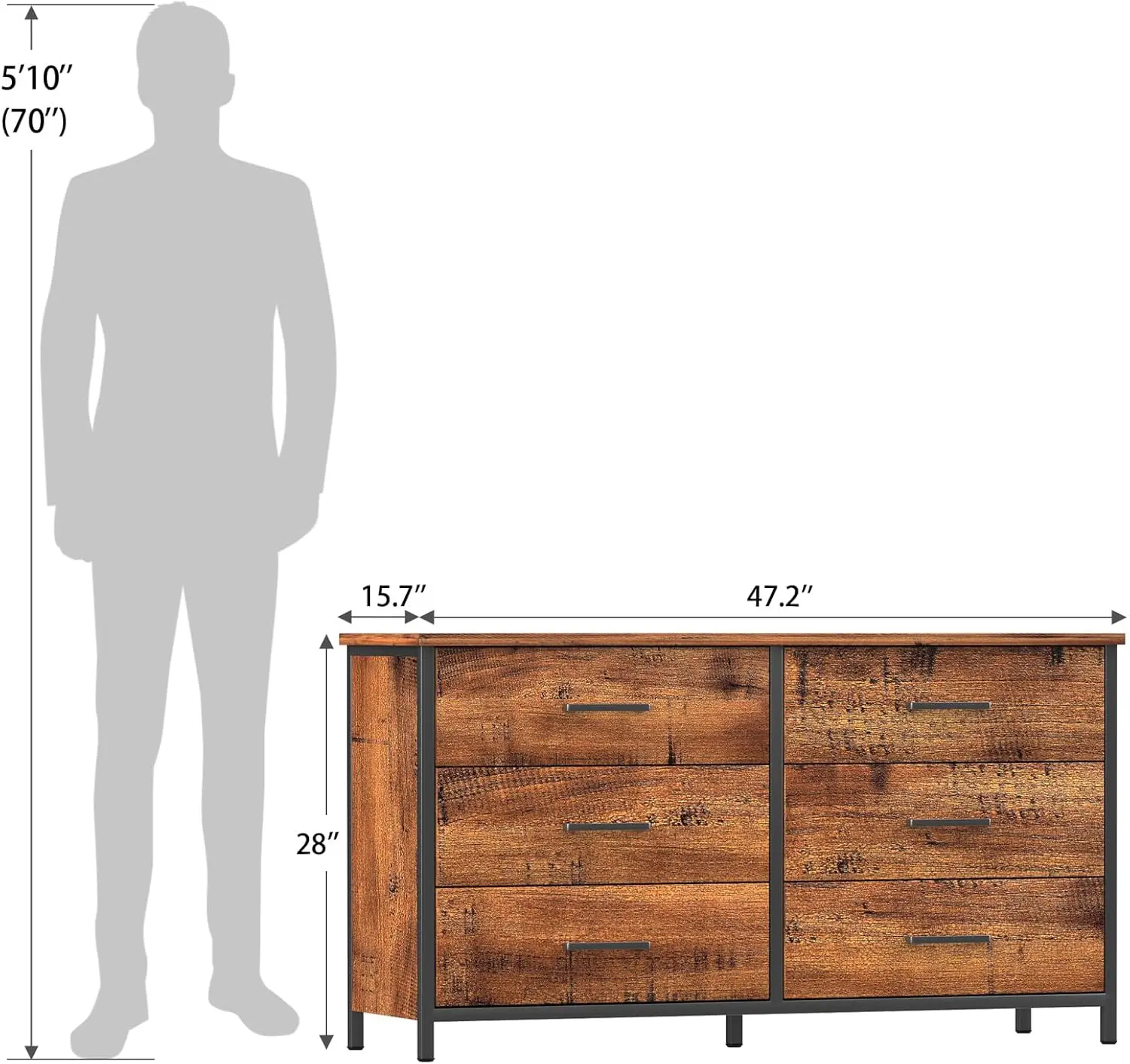 Commode double avec cadre en acier robuste, commode de rangement en bois industriel, évaluation des vêtements, 6 MELDouble