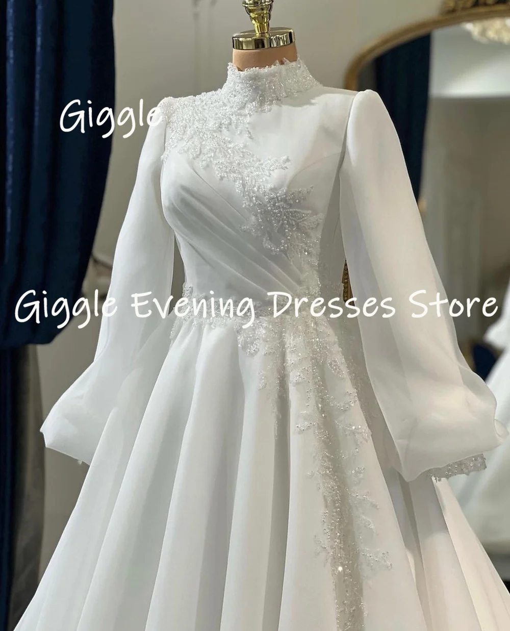 Giggle Sequins Beaded  Long Sleeves High Neckline Luxury Wedding Dresses for Women 2023  Bow Zipper Up A-line  vestidos de novia