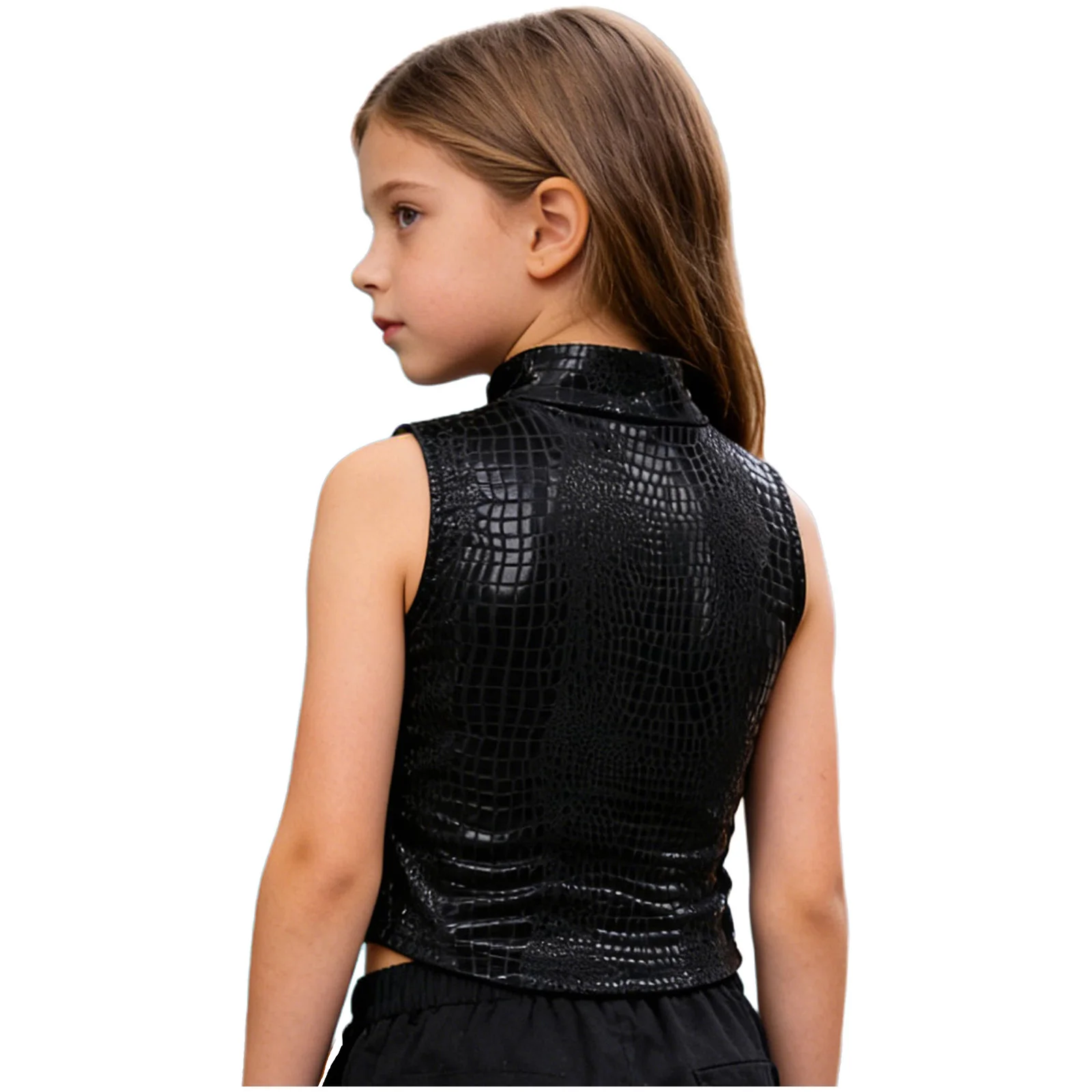 Teen Girls Hip-hop Jazz Street Dance Costume Tops Sleeveless Metallic Crop Top Vest And Gloves for Stage Performance Competition