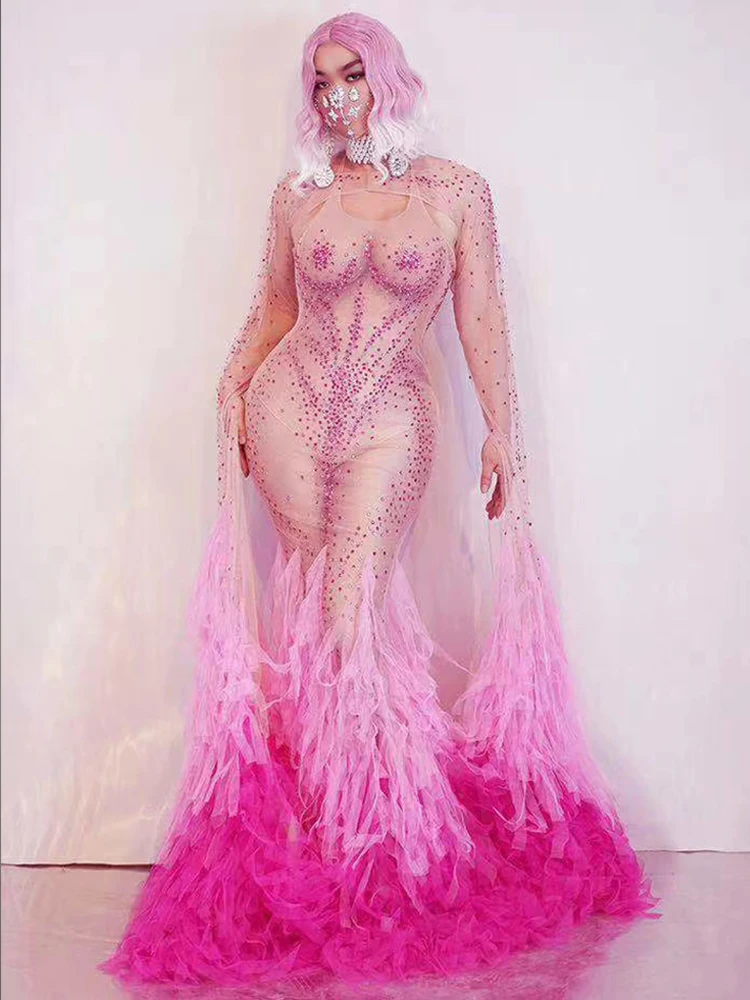 

Розовое платье со стразами для дня рождения, банкета, вечернее платье из тюля с эффектом рыбьего хвоста, костюм для выступлений Drag Queen, одежда для выступлений певцов yj002