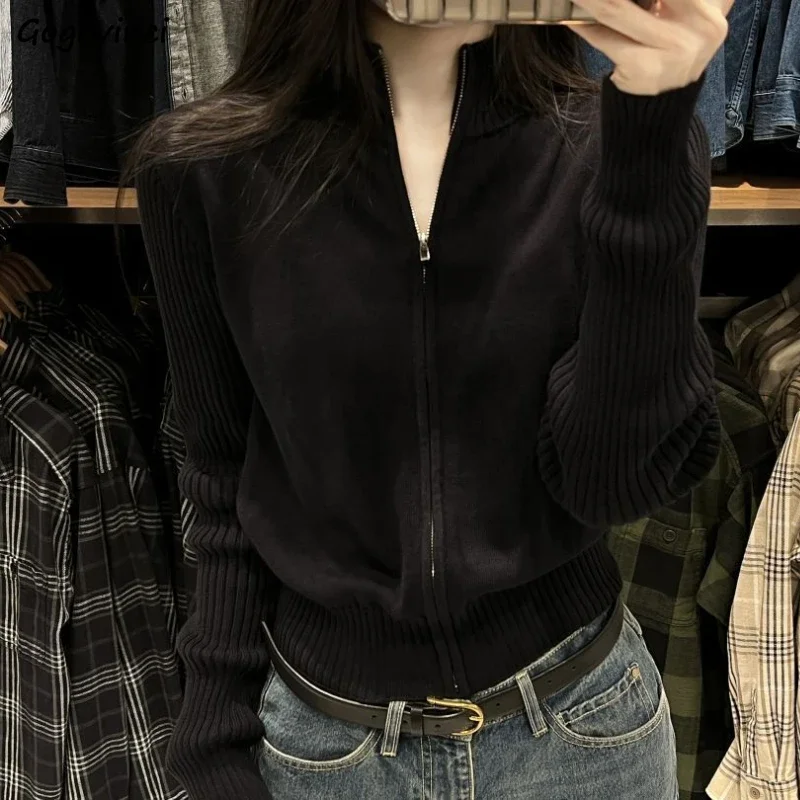 

Simple Autumn Black Knitted Zip-up Cardigans Women Half High Collar Female Tender Slim Cropped Sweaters New Leisure All-match