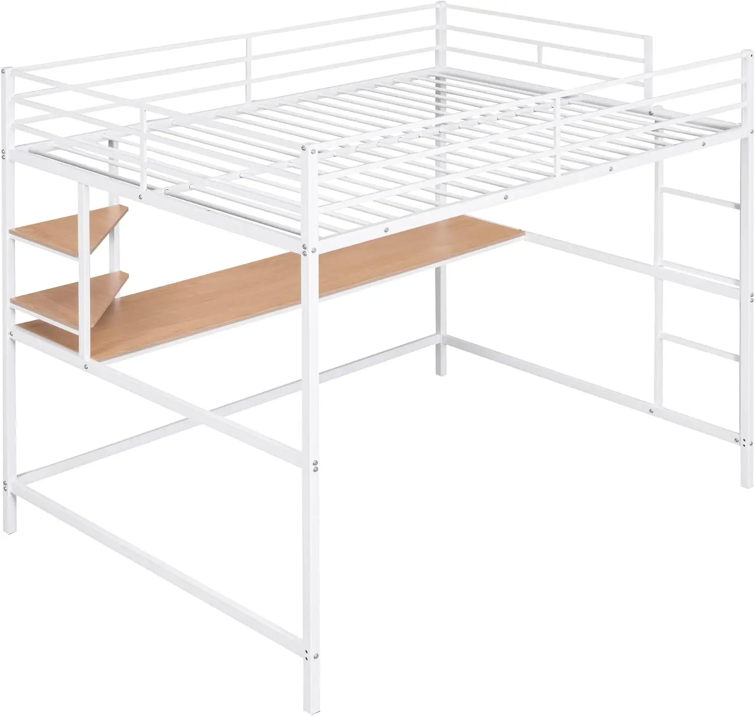 Full Size Loft Bed With Desk And Storage Shelve, Metal Loft Bed Frame With Ladder And Safety Guardrail For Teens Adults, White