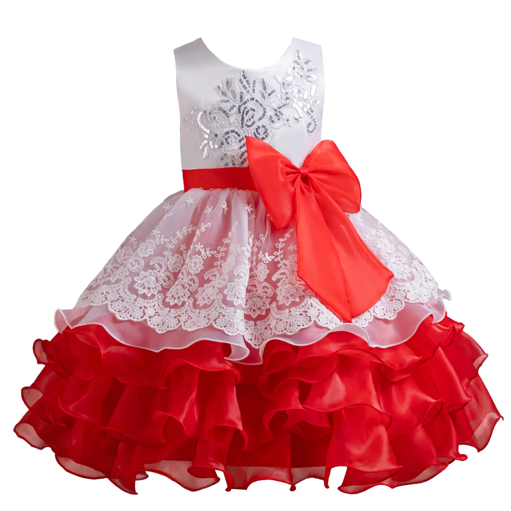 939 Cute red bow girl multi-layer cake princess Dress suitable for casual wear on Children\'s Day outings