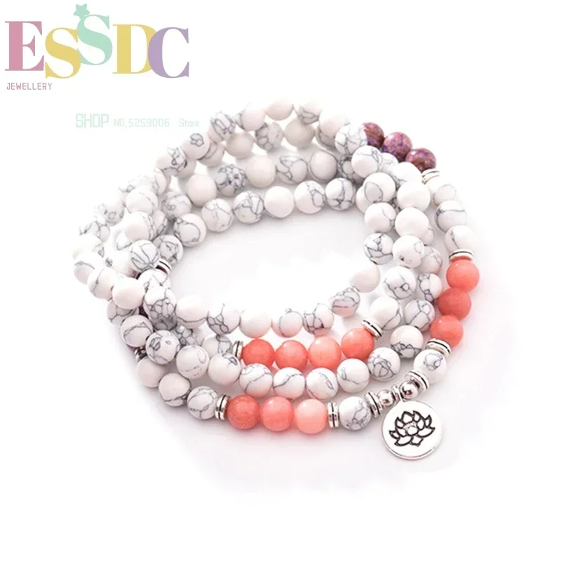 New Design Natural Howlite Beads  Buddhist 108 Mala  Lotus Pendant Chakra Bracelet Energy Stone Yoga Necklace