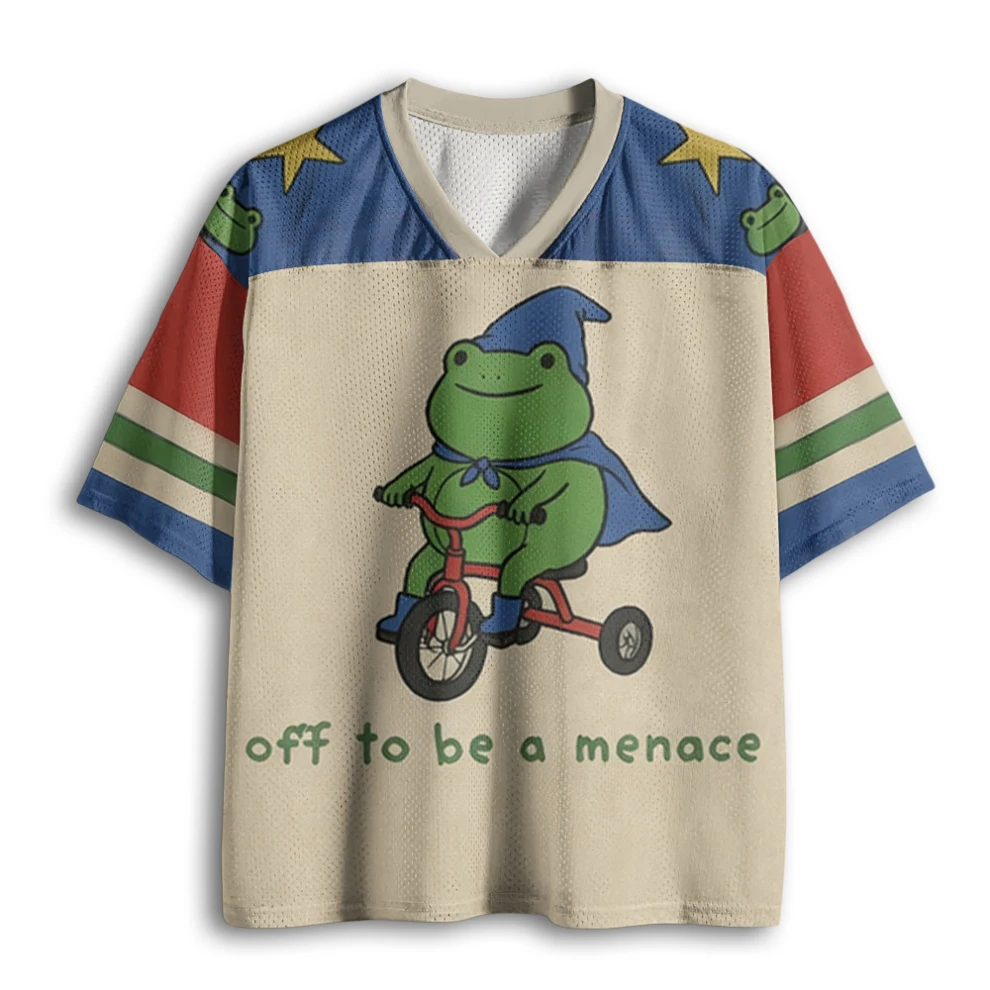 Vintage Cute Wizard Frog On Tricycle Funny Slogan Print Multi Color Block Mesh V Neck Loose Football Jersey T-shirt