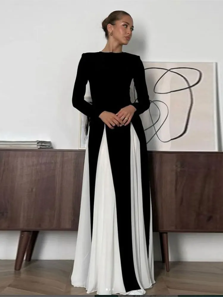 

Elegant Contrasting Women Maxi Dress Fashion O-neck Long Sleeve Pleated Slim A-line Dresses Summer Lady Party Evening Robes 2024