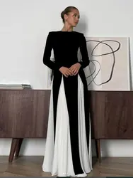 Elegant Contrasting Women Maxi Dress Fashion O-neck Long Sleeve Pleated Slim A-line Dresses Summer Lady Party Evening Robes 2024