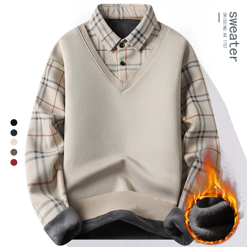 New Mens Fleece Polo Collar Sweater Fake 2 Pieces Patchwork Velvet Pullovers Slim Fit Tops Elegant Knitted Sweaters