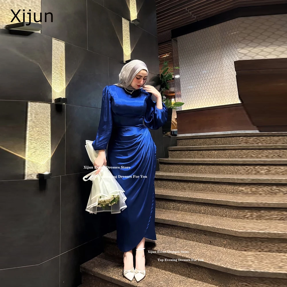 

Xijun Royal Blue Simple Long Evening Dresses Ankle Length Full Sleeves Dubai Prom Dresses Pleated Formal Prom Gowns Customized