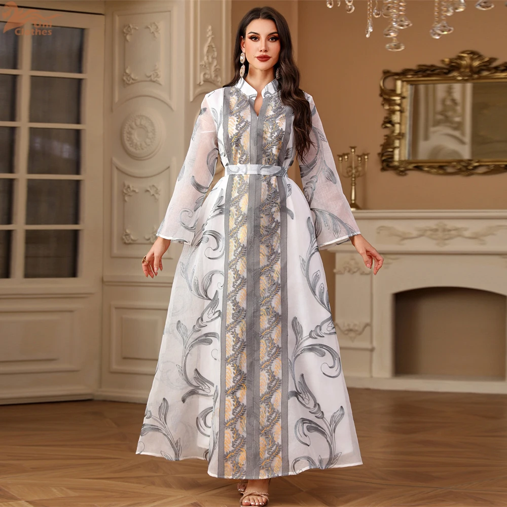 

Uni Ramadan Muslim Elegant Floral Print Embroidery Maxi Dress Belt included Dubai Embroidered Belted Kaftan