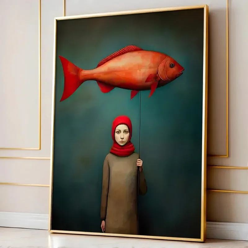 Fashion Fish Canvas Painting Print Poster Vintage Inspired Home Decor with Red Fish and Woman in Red Headscarf Wall Art Picture