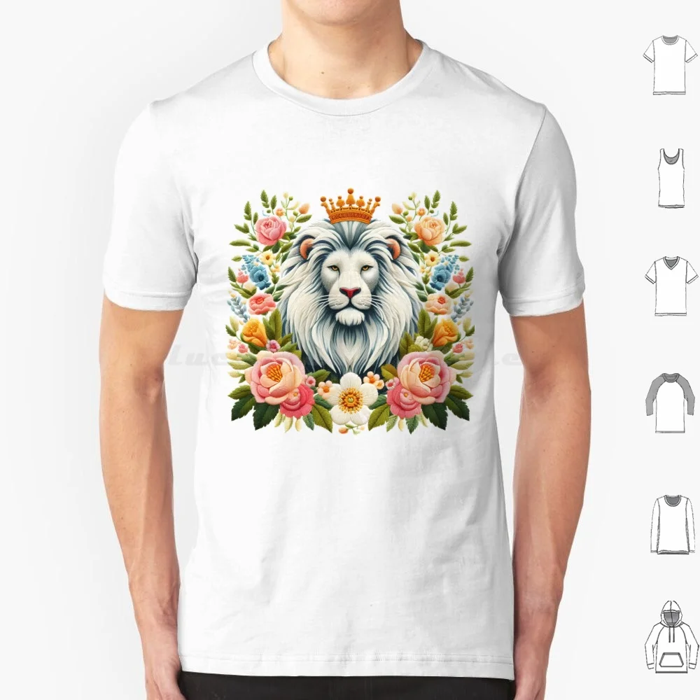 White Lion Embroidery T Shirt Big Size 100% Cotton Lion White Lion Animal White Mosaic Africa Cat Wildlife Big Cat Blue Eyes