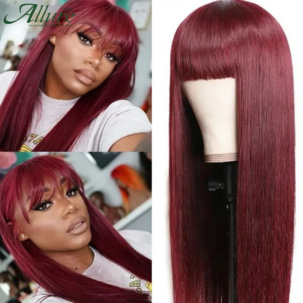 Burgundy Straight Human Hair Wigs with Bangs Colored 99J Wear to Go Glueless Wigs Long Straight Bazilian Remy Hair Wig Allure