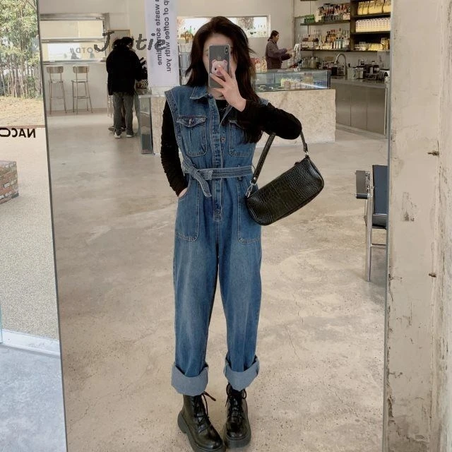 

Sleeveless Denim Jumpsuit For Women 2024 Spring Summer Solid Causal High Waist Belt Street Fashion Female Long Pants One Piece