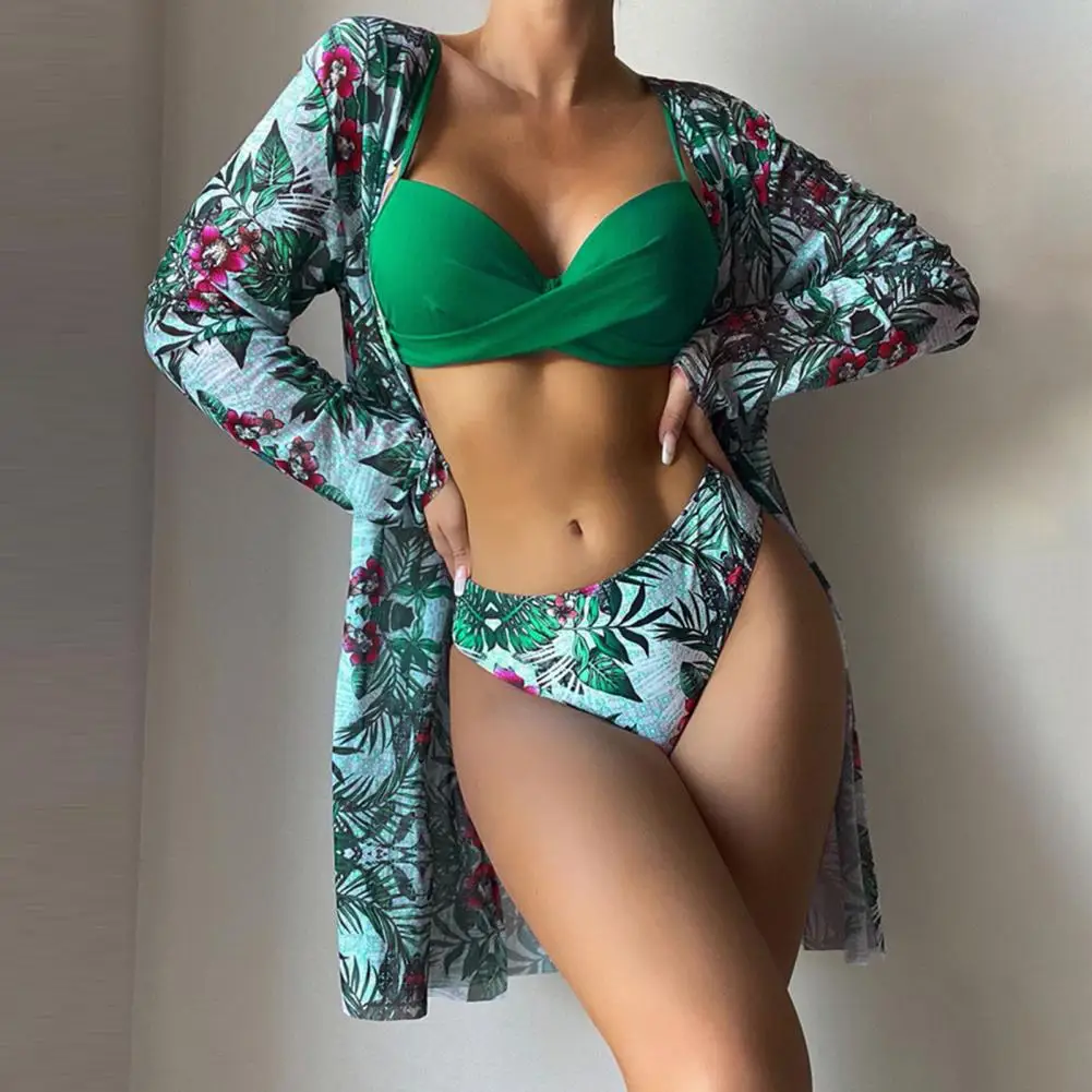 Maillot de bain trois pièces imprimé floral pour femme, ensemble bikini, taille haute, manches longues, couverture pour femme, vêtements de plage d'été, 3 pièces