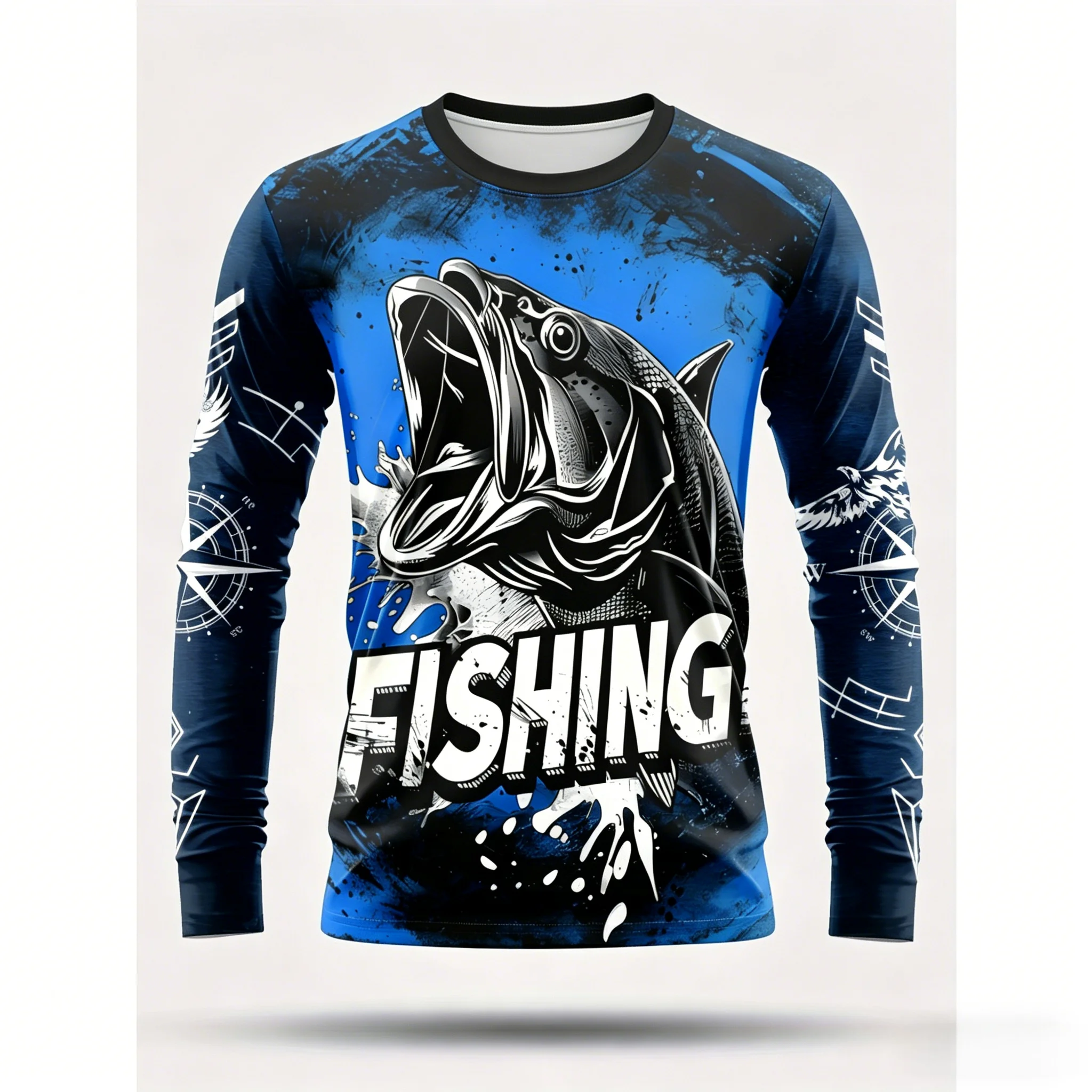 Men's Long Sleeved Jumping Fish Pattern T-Shirt Outdoor Fishing Casual Shirt Fishing Text Print Round Neck Fishing Enthusiast