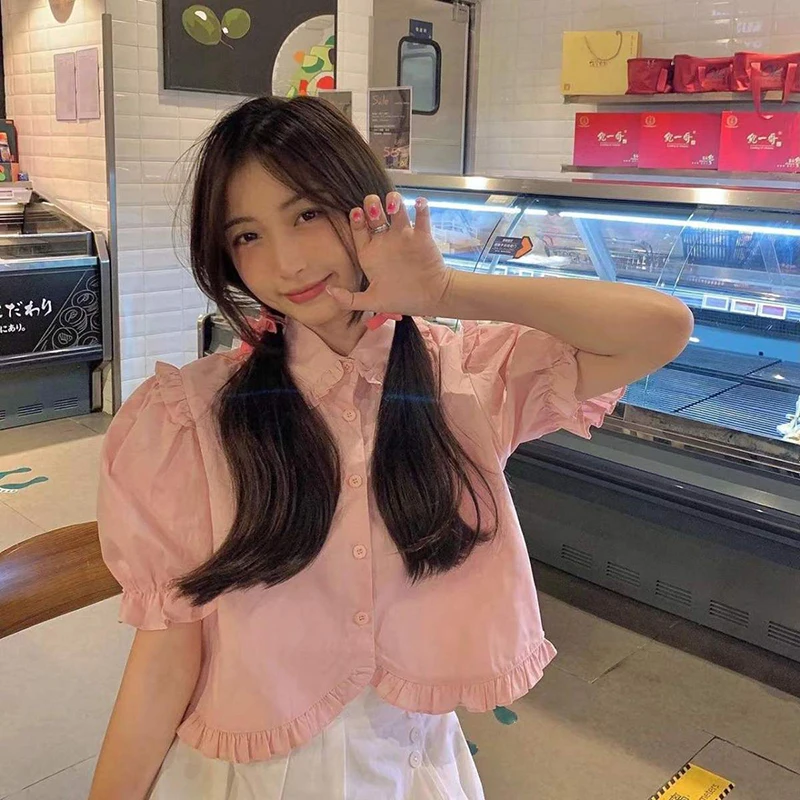 White Peter Pan Collar Shirt Women Korean Fashion Preppy Style Cute Pink Crop Tops Summer Sweet Ruffles Puff Sleeve Jk Blouse