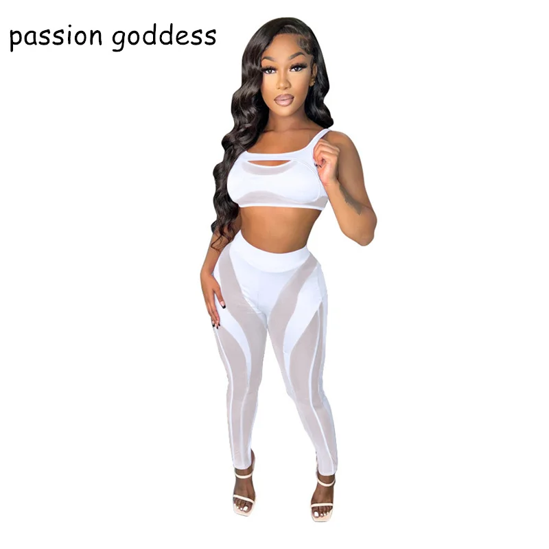 High Quality 2023 New Two Piece Sets Women Night Club Party Outfits Sexy Mesh Patchwork Tank Top and High Waist Skinny Pant Suit