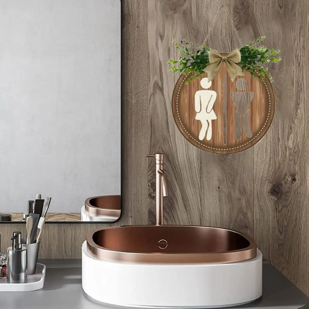 

Easy To Install Round Wooden Toilet Sign Rustic Style Decoration Bathroom Sign Bow Knot Density Board Wall Hanging Signs Laundry
