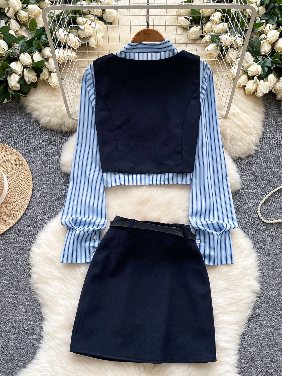 

College Sle Women's Faion irt Vest Striped High Waist Skirt Set Knot Long Sve Casual Workwear