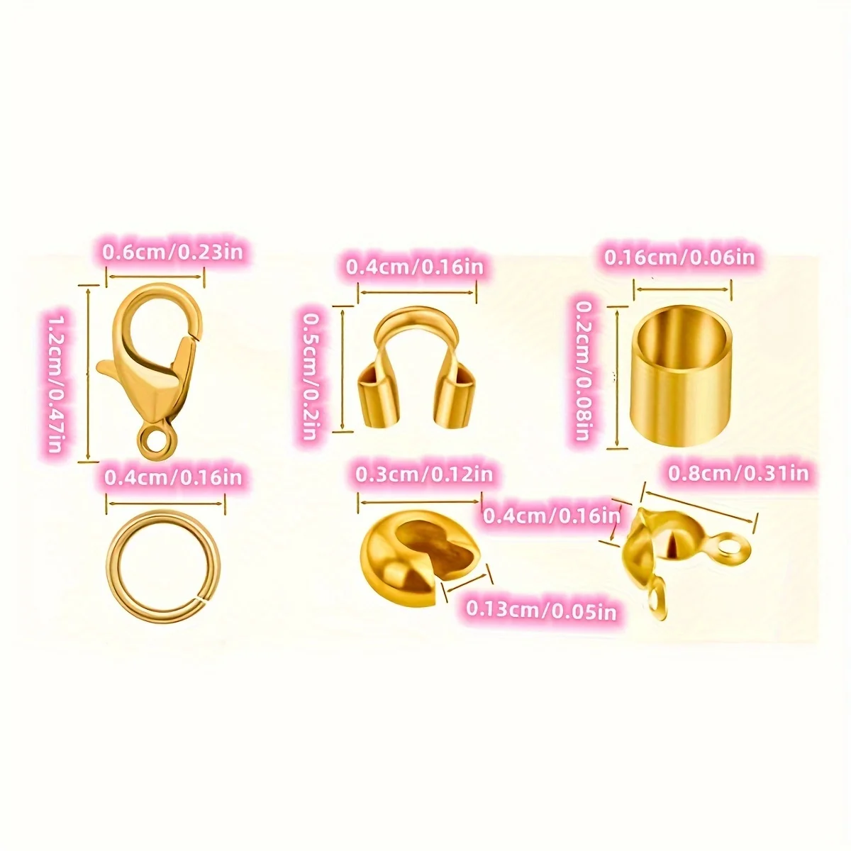 A set of bead making products, including crimping covers, bracelet buckles and closures, jump rings, crimping pliers, and produc