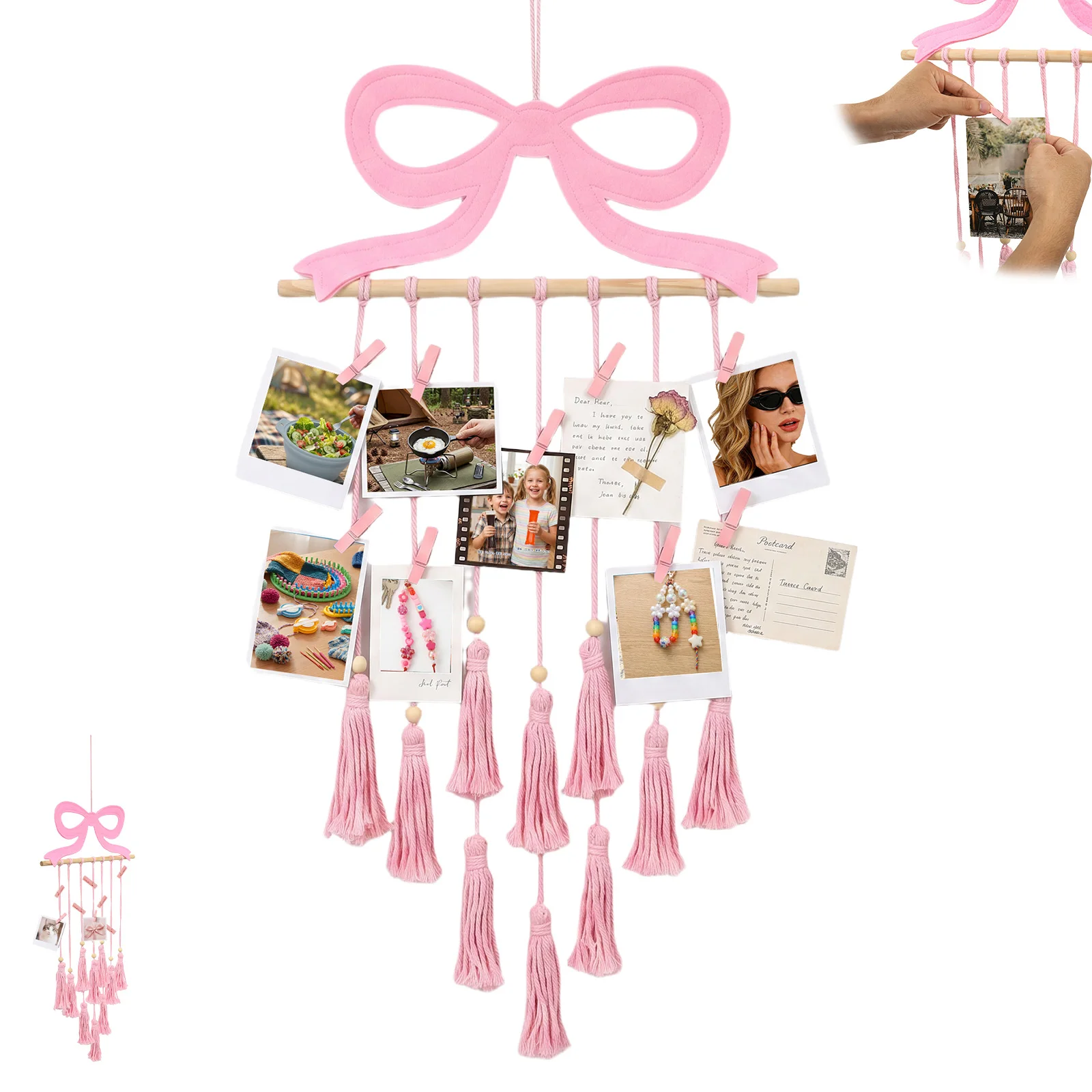 Hanging Photo Display Bow Wall Decor Wall Hanging Collage Picture Holder with 30 Clips for Teenage Girl Bedroom Room Decor