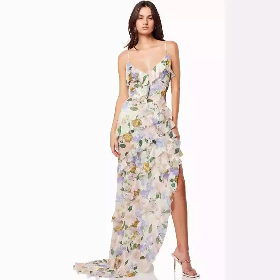 2025 nuevo vestido de noche de hombro descubierto a la moda para mujer de primavera y verano con vestido largo de seda etéreo