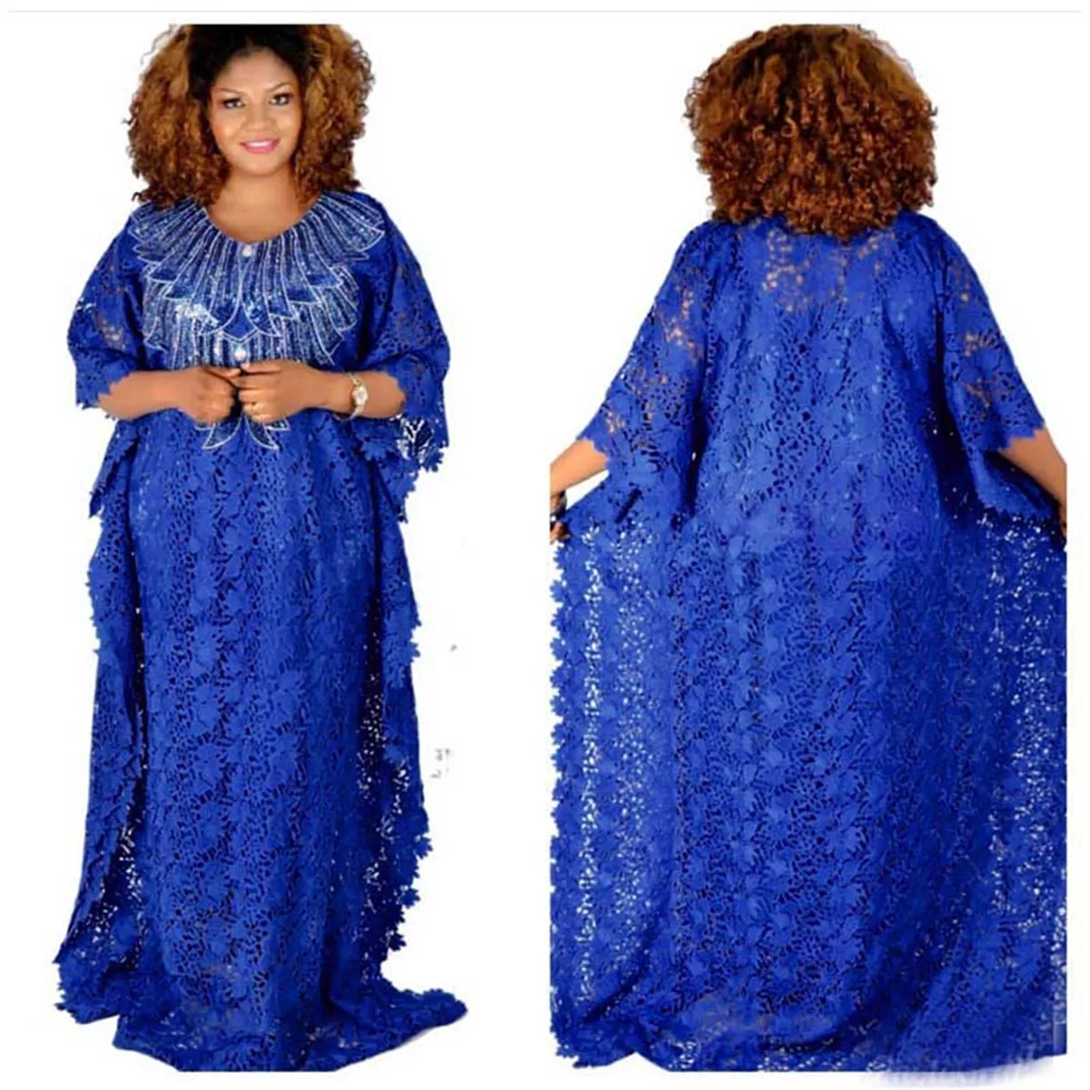 Africa Women Fashion Lace Abaya Robes Bat Sleeve Loose Dress And Inner Two Piece Sets Muslim Dashiki Sequins Embroidery Boubou