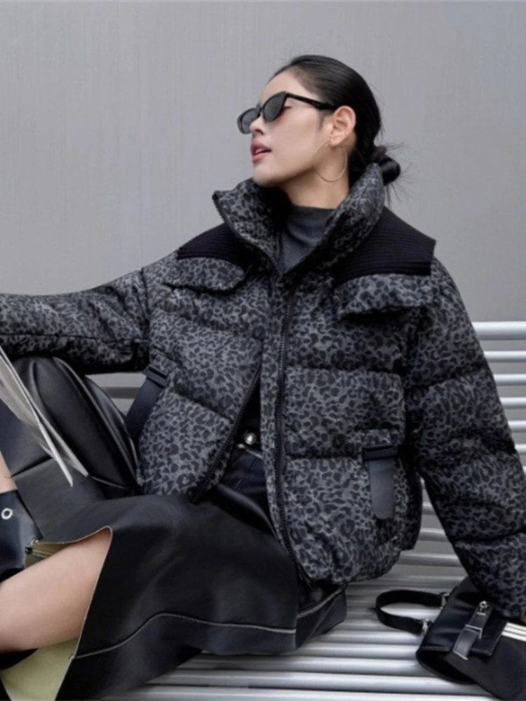 Fashion Y2k Leopard Contrast Down Jacket 2025 Winter New Fashion Brand Women Short Coat Thicken Warm 90% White Duck Puffer Coat
