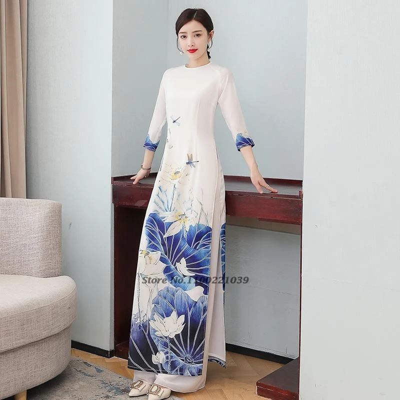 2025 أوداي شيونغسام فستان صيني أنيق + فستان أطفال مع سروال داخلي زهرة شرقية طباعة تشيباو فيتنام التقليدية آو داي فستان الحفلات والولائم