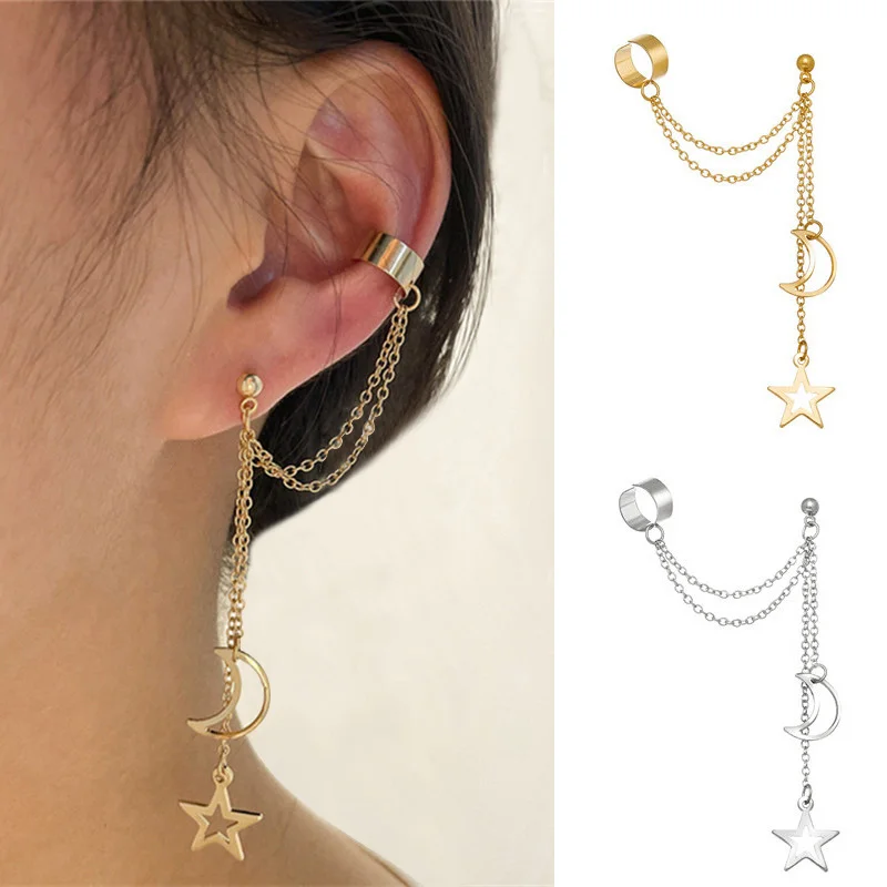 Fashion Gold Plated Moon Star Earrings For Women Girl Silver Color No Piercing Ear Clips Long Chain Earrings Trendy Jewelry Gift