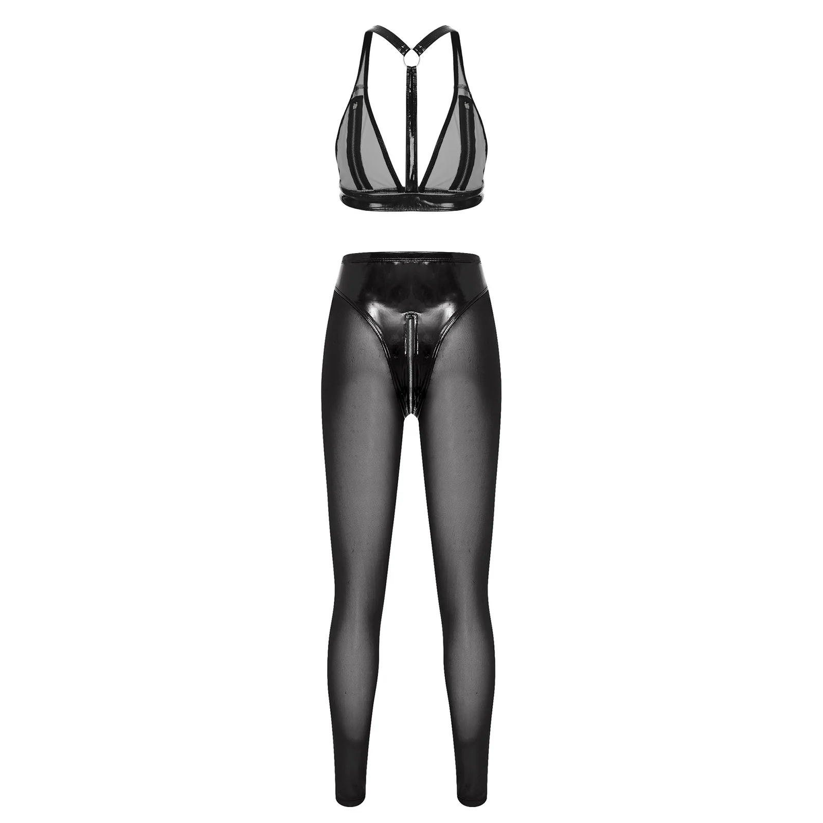 Women Wet Look PU Leather Outfit Zip Cup Y-back Bra Bralette And Zip Crotch Mesh Legs Tights Leggings Party Pole Dance Clubwear