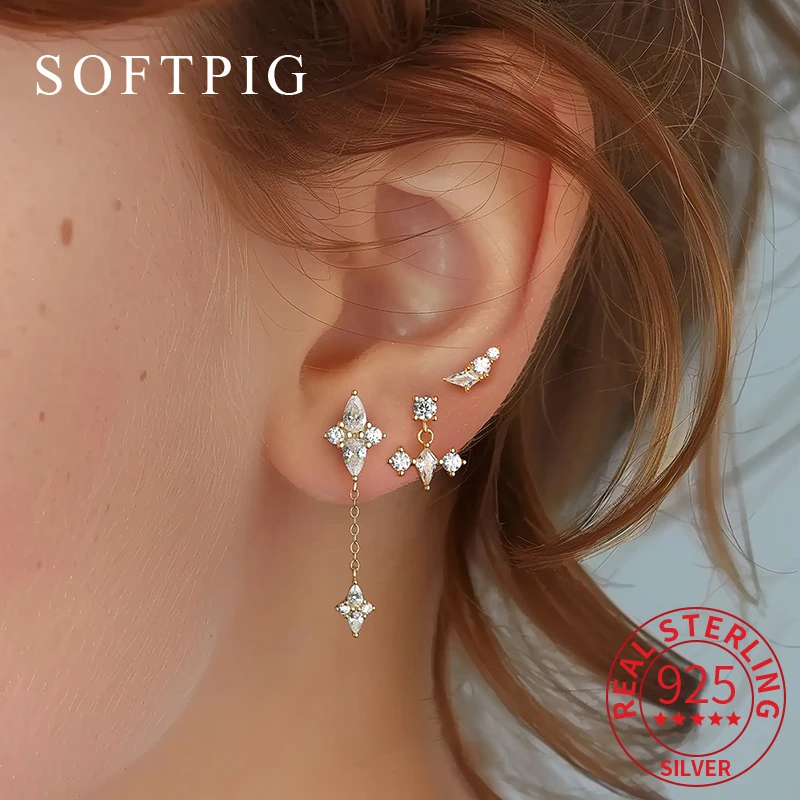 

SOFTPIG 1 Pcs Real 925 Sterling Silver Rhombic Zircon Mini Stud Earrings for Women Cute Fine Jewelry Geometric Pretty Gift