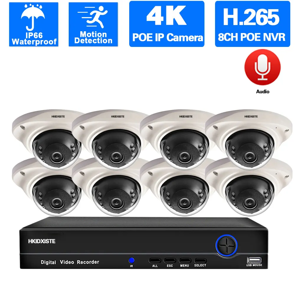 

H.265 8CH 4K POE NVR Kit 8MP CCTV Indoor Home Security System Outdoor Waterproof Dome IP Camera Video Surveillance Kit XMEYE 4CH