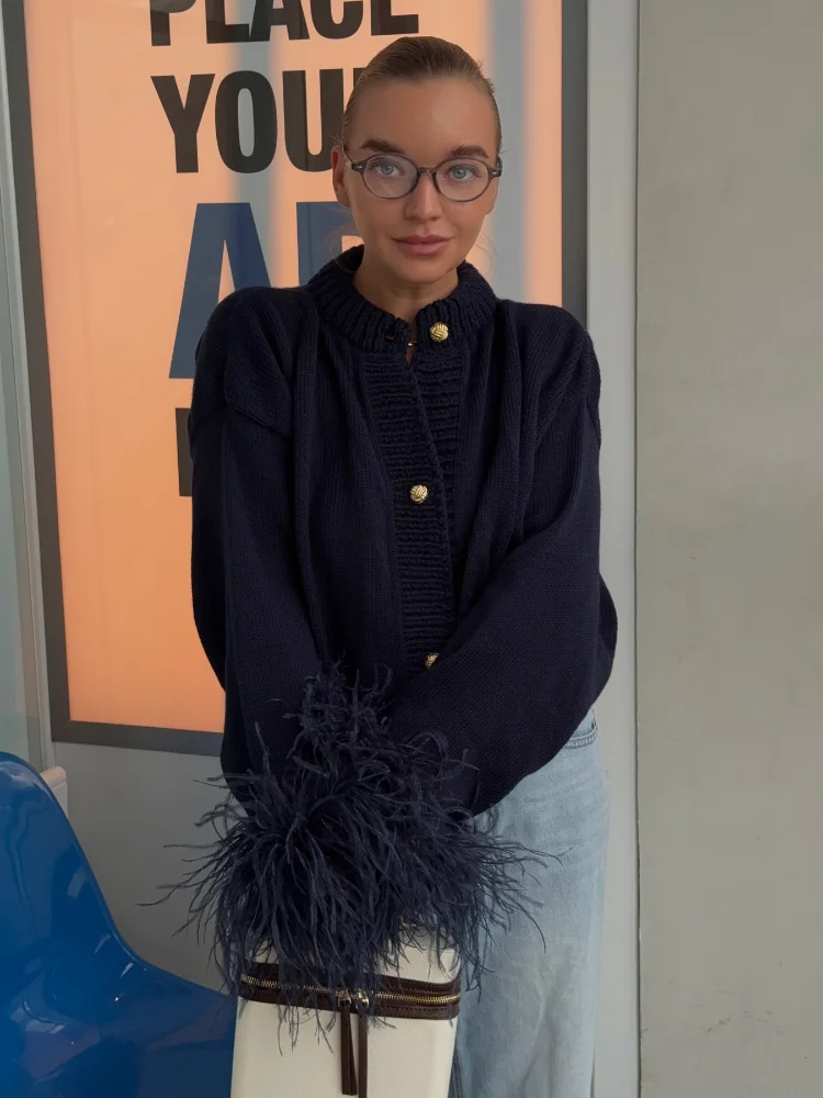 Women Chic Feather Patchwork Knitted Cardigan O-neck Long Sleeve Single-breasted Short Sweater 2025 Lady High Street Knitwear ﻿