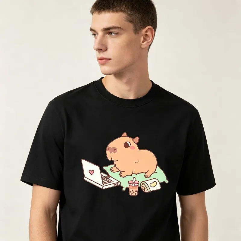 Casual Short Sleeve T-shirt Cute Capybara Using Laptop Bubble Tea Cartoon Print Animal Graphic Casual Daily Streetwear Unisex
