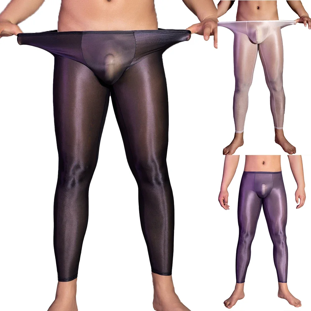 

1pc Men's Erotic Pants Ultrathin Shiny Leggings See Through Underwear Long Pants Skinny Trousers Jockstrap One Size