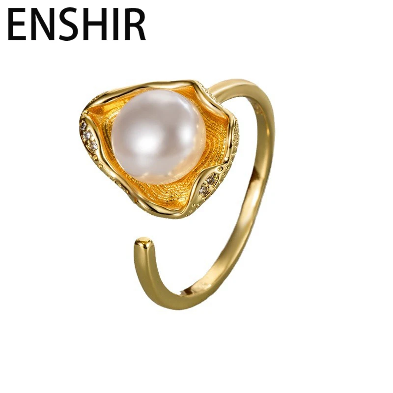 ENSHIR Irregular Lotus Imitation Pearl Open Ring for Women Exquisite Vintage French Jewelry Accessories